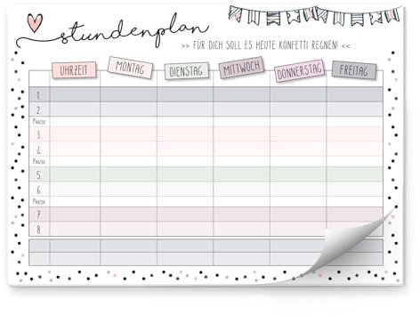 Konfetti - Stundenplan I DIN A4 Papier-Block I zum Schulanfang I für Mädchen I zum Beschriften und Abreißen I dv628