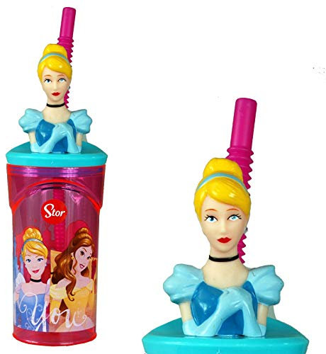 Disney Princess 3D Figurine Plastic Tumbler Beaker with Flexi Straw - 360ml - 7cm Diameter x 14cm Height - Sturdy Novelty Enclosed Drinking Cup.