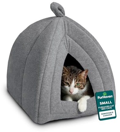 FurHaven Cat Bed Cave for Indoor Cats & Small Dogs, Washable & Foldable Pet Tent with Removable Cushion, Small, Polar Fleece, Heather Gray
