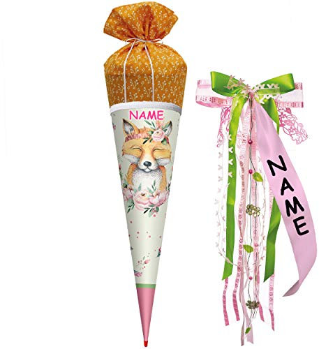 alles-meine.de GmbH Schultüte - mit Stoff bezogen - süßer Fuchs & Blumen - 70 cm - mit Holzspitze - rund - incl. Name und individueller großer Schleife - Filzabschluß - Stoffsch..