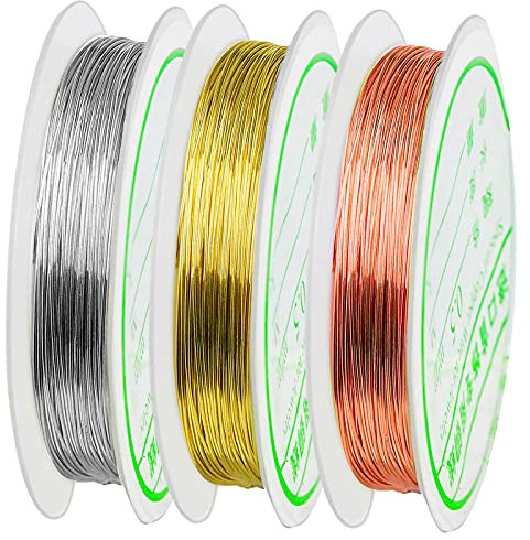 3 Rolls Craft Wire 0.5mm 24 Gauge Silver/Gold/Rose Gold Copper Wire Resistant Jewelry Beading Thread Cord Ring Wire for Craft, Jewellery Making DIY, 20 m/Rolls