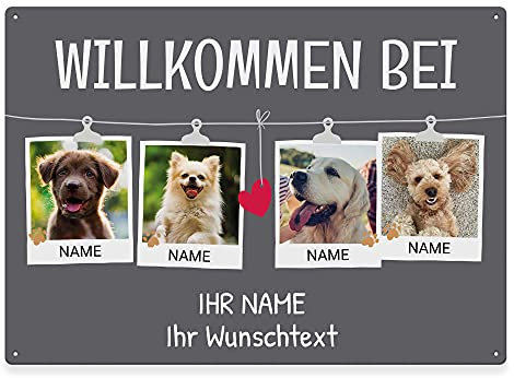 Hunde Schild personalisiert - Willkommen bei - Metallschild mit Foto und Name für außen, wetterfestes Türschild für Hundebesitzer - ca. DIN A4-28 x 20 cm, Vier Tiere, grau