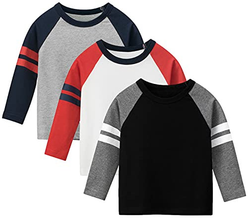 amropi Baby Boys Striped T-Shirt 3 Pack Long Sleeve Cotton Top Crew Neck Tee Shirts Grey White Black, 5-6 Years