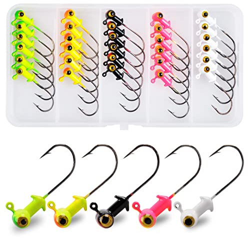 Fishing Jig Heads Kit,Football Painted Head Jig Hook with Double Eye Glow Crappie Bass Jig Head Hooks 1/8oz 3/16oz 1/4oz Fishing Jig Hooks for Freshwater Saltwater
