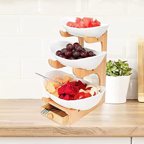 Honent Frutero 3 Pisos Madera,Canasta De Frutas De Madera con Cajón,Juego De Bandejas para Servir De Cerámica Blanca En Niveles para Frutas,Verduras,Juego De Cuencos Multifuncionales para Servir