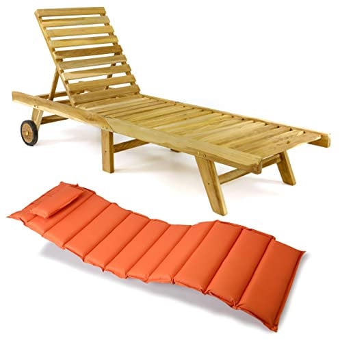 Divero Sonnenliege mit Auflage Set - Relax-Liege Holzliege Gartenliege Teakholz Natur inkl. Räder, verstellbares Kopfteil, Auflage orange