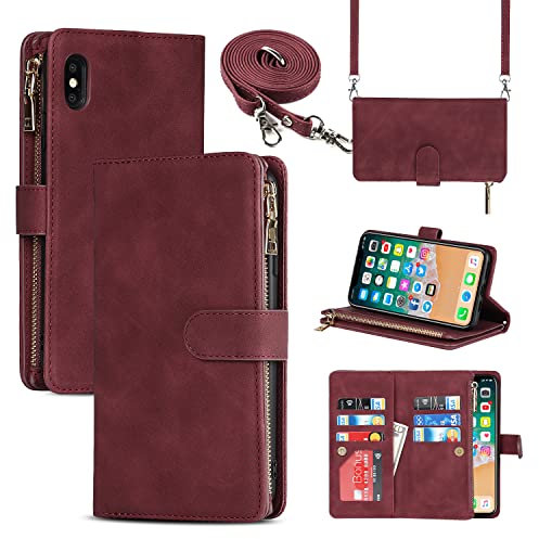 CAVOR Handykette Handyhülle kompatibel mit iPhone XS Max Hülle Mit Band,Flip Leder Geldbörse Hülle Mit Kette,[9 Kartenfach][Doppelte Schnalle],Umhängeband Klapphülle Handytasche - Rot