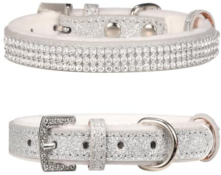 PETZC Hundehalsband, Katzenhalsband, funkelnde Strasssteine, verstellbare Haustierhalsbänder für Welpen, Kätzchen, kleine, mittelgroße Hunde und Katzen (S, Silber)