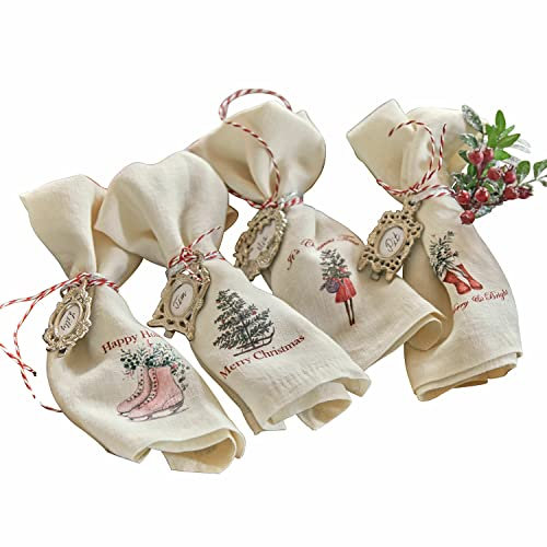 LOBERON Serviette 4er Set Merry & Bright, Dekorative Weihnachtsmotive, Festliche Tischdekoration, Nachhaltig & Stimmungsvoll, Weihnachtsdeko, Weihnachtliche Textilien, Leinen, weiß/rot