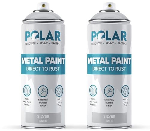 Polar Direct to Rust Satin Silver Metal Spray Paint - 2 x 400ml - Perfect for Metal, Wood, Furniture, Rust - Outdoor & Indoor Surfaces - Easy to Apply - 3 in 1 Primer, Undercoat & Topcoat