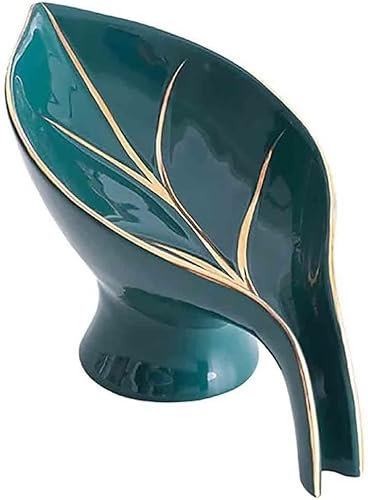 Porte-savon en céramique - En forme de feuille - Avec drain - Sans perçage - Vert
