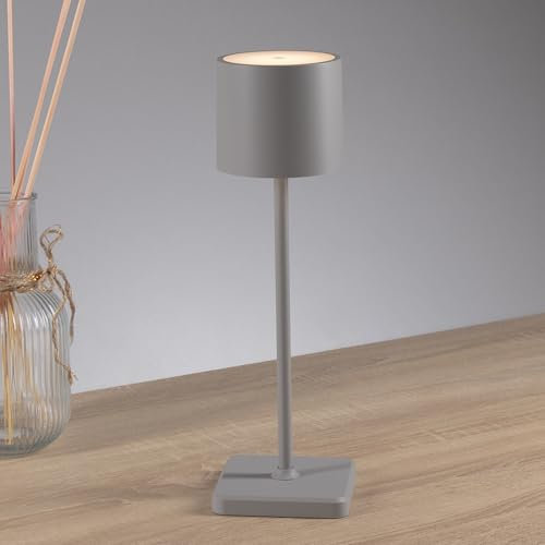 Proventa LED-Tischleuchte mit Akku 38 cm wasserfest IP54 kabellos mit USB-Ladestation 10 Stunden Laufzeit grau