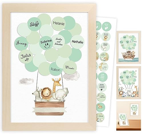 Babyparty Gästebuch,Gästebuch Geburtstag,Neugeborenen Geschenk für Mama,Welcome Home Baby,Happy Birthday Deko,Meine Taufe, Taufgeschenke Mädchen Junge, Heißluftballon Gästebild, Holzfarbe Bilderrahmen