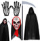 Zkaoai Halloween Umhang Set, Schwarzer Umhang mit Kapuze + Halloween Gesicht Maske + Skelett Handschuhe + Sense Des Todes, Halloween Skelett Kostüm, Halloween Hexe Umhang für Halloween, Maskerade