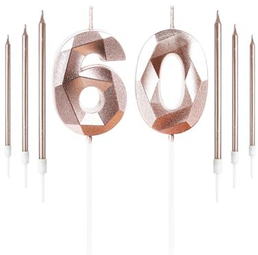 Yiran Rose Gold 60th Birthday Candles Set Number 60 Candle w/ Rose Gold Long Candles Birthday Candles Cake, Birthday Candle, Cake Candles Cake Topper Decorations Birthday Party Wedding Anniversary