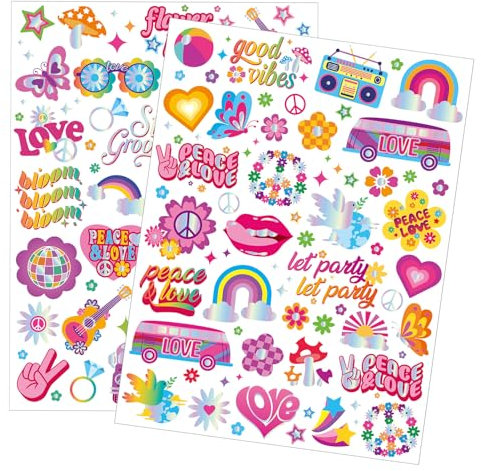 Qpout 86 Stück temporäre Glitzer-Hippie-Tattoos für Kinder, wasserfest, glänzende Silber-Stile, Flower-Power-Liebes- und Friedenszeichen, 70er-Jahre-Groovy-Tattoos für Kinder und Erwachsene