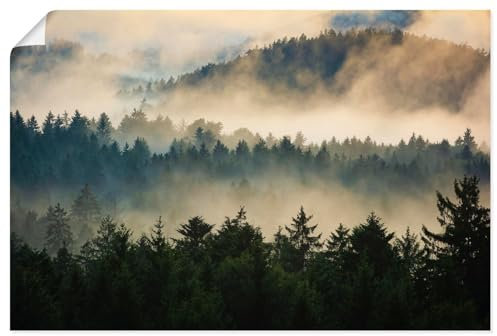 ARTLAND Wanddeko Poster & Kunstdrucke Wandposter 90x60 cm Querformat Landschaften Wald Bäume Nebel Herbst Sonnenaufgang Bayern U4TM