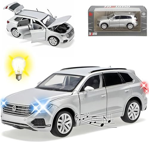 Volkwagen Tuoareg III Silber 3. Generation Ab 2018 mit Licht und Sound 1/32 Tayumo Modell Auto mit oder ohne individiuellem Wunschkennzeichen