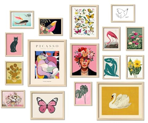 16 PCS Framed Eclectic Wall Art Decor, Modern Maximalist Home Gallery Wall Frame Set Prints for Bedroom Bathroom, Posters for Living Room Aesthetic, Colorful Dorm Artwork Collage Kit Pictures