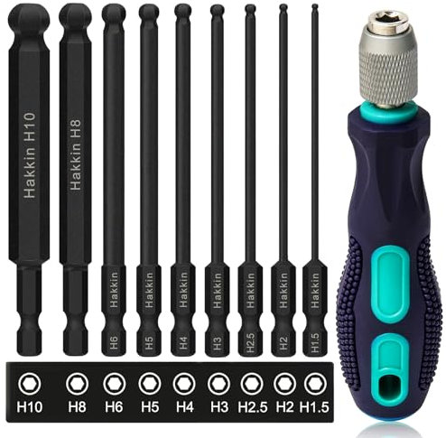 Hakkin 100 mm 9 Stück Kugelkopf Sechskant Schraubendreher Ball End Hex Bit Set mit Griff 1/4 S2 Magnetischen Schraubenzieher Hex Innensechskant Satz 1,5/2/2,5/3/4/5/6/8/10 mm für Akkuschrauber