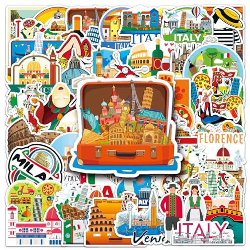 50 adesivi in vinile con paesaggio dell'Italia, per bottiglia d'acqua, skateboard, computer, laptop, bagagli, telefono, chitarra, auto, moto, impermeabili, divertenti adesivi da viaggio per adulti,