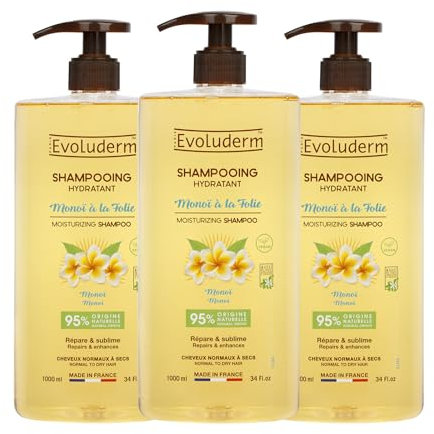 EVOLUDERM - Shampoing Hydratant Monoï à la Folie - 1000 ml - 95% d'Origine Naturelle - Végan - Fabrication Française - Lot de 3 x 1000 ml