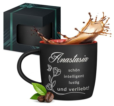 Maverton schwarzer Keramik Kaffeebecher 400ml mit Gravur, Kaffeetasse | Aus Matt Keramik mit Henkel für Frauen zum Geburtstag zu Weihnachten, Trinkbecher matt schwarz, Innen rot, Verliebt