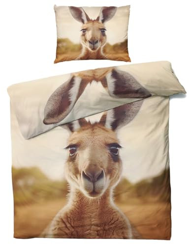 Bettwäsche Känguru 135x200 - Australien Wendebettwäsche, 110gsm Mikrofaser, Weiche & Kuschelige & Bügelfreie Bettbezug 2er Set, 1 Kopfkissenbezug 80x80, mit Reißverschluss &3060