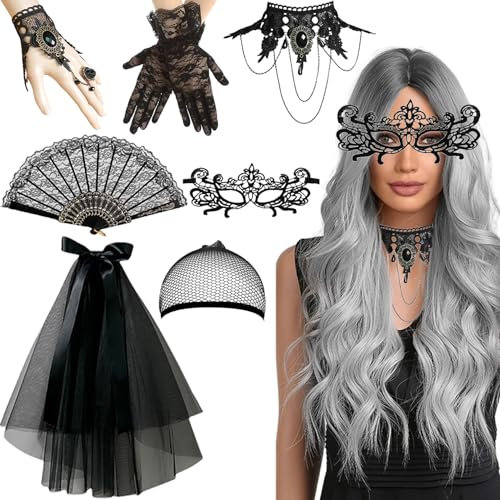 Perücke Damen, 70cm Perücke Halloween Damen,Halloween Perücke Damen Frauen Kostüm Mädchen Frauen Perücke mit Gothic Schmuck Maske Handschuhe Spitzenfächer Schleier für Halloween Karneval Cosplay Party
