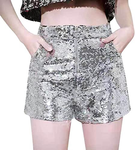 Pailletten Shorts Damen Glitzer Hose Kurz Festival Konzert Sexy Outfit Glänzend Kurze Hotpants Silber Gold Freizeitshort Hohe Taille Karneval Rave Party Outfits