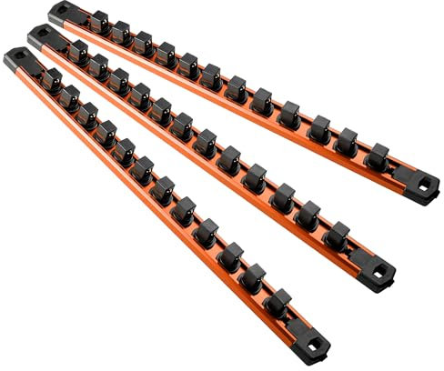 Reniteco Magnetic Socket Organizer, 3-Piece Heavty Duty Aluminum Socket Holder, Socket Rail for Tool Box, Premium Quality 360° Swivel Socket Rack with 36 Clips for 1/2-Inch(Orange)
