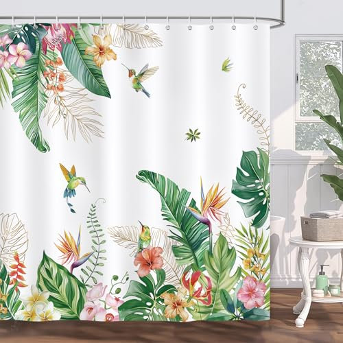 Bonhause Duschvorhang Tropische Blätter Blumen Vogel Frühling Pflanze Kolibri Duschvorhänge 180 x 180 cm Anti-Schimmel Wasserdicht Polyester Stoff Waschbar Bad Vorhäng für Badzimmer mit 12 Haken