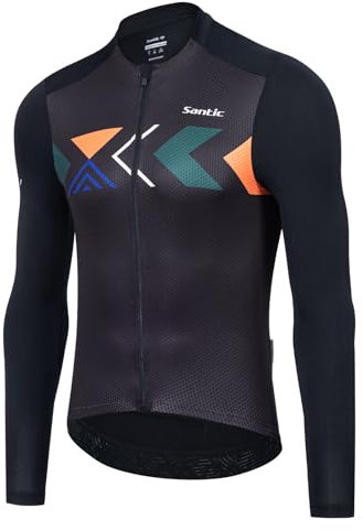 Santic Herren Radtrikot Langarm Top Rennrad Shirt Full Zipper UPF 50+ MTB Jersey mit Taschen, Schwarz-179, XX-Large