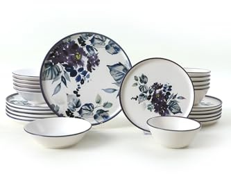 Élégant service à dîner en céramique, antibactérien et facile à nettoyer, blanc, bleu, violet | Comprend 6 assiettes de service (28 cm), bols et assiettes à dessert | Passe au lave-vaisselle