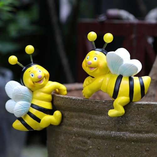 2 Stück Miniteich Deko Biene Figur,Niedliche Bienen Kletternde Blumentopf Hänger Figur,Biene Gartendeko Für Draußen Wetterfest,Bienen Deko Teich Figuren,Tier Hängend Harz Statue Für Brunnen Teichdeko