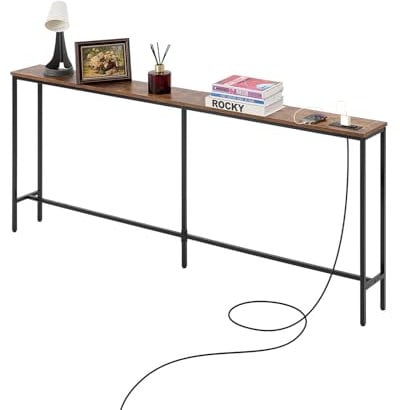 VEVOR schmaler Konsolentisch Eingangstisch (178 cm Länge) mit Steckdosen, 1-stufiger Flurtisch Beistelltisch Sofatisch mit Metallrahmen & Ladestation, für Eingangsbereich Flur Wohnzimmer