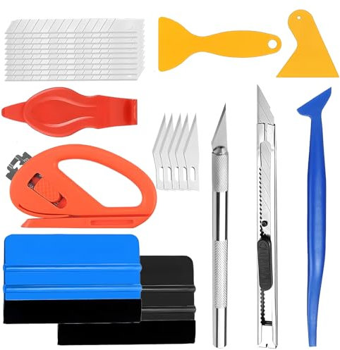 xlwens Kit de Film Teinte Vitre Voitures,8 Pièces, Kit Film Covering Voiture Moto,Kit Covering Outils de Film de Voiture,avec 2 racleurs,15 lames,22 pièces au total,pour Film Teinté Voiture