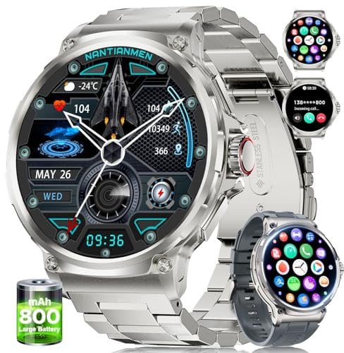 SUNKTA Smartwatch Herren Militär,800 mAh Akku/1,85'' HD-Display-Sportuhr/120+ Sportmodi,IP68 Wasserdicht Großes Fitnessuhr mit Herzfrequenz,SpO2,Schlafmonitor für Android/iOS 2 Armbänders