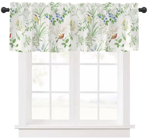 Ausing Küchenvorhang Kurz Flächenvorhang Blumen Vogel Deko für Kleinfenster in Küche, Bar, Restaurant 45cmH 137Bcm