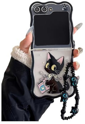 SCJLSDA Étui pour Samsung Galaxy Z Flip 6 - Motif chat mignon - Étui de téléphone portable Kawaii pliable et résistant aux chocs - Avec bracelet - Chat noir