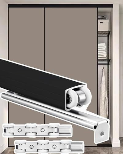 Minglez Kit Porte Coulissante Kit de Porte Coulissante Noir de 2 M, 2,3 M, 2,4 M, 2,7 M, 3 M et 3,7 M. Rail de Porte Coulissante avec roulettes pour Placard, Rail de Porte Coulissante(3.3ft/1m)
