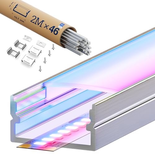 KOSOOM LED Aluminiumprofil U-Form 2m x 46, mit milchiger Abdeckung, für LED Streifen bis 17mm, LED Schiene für Decke & Trockenbau, indirekte Beleuchtung, inkl. Endkappen & Metallclips