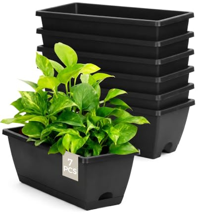 Bamworld 7 Jardineras de Ventana, 43 cm Jardineras Rectangulares con Drenaje, Macetas de Plástico para Alfeizar Balcón Terraza, Negro