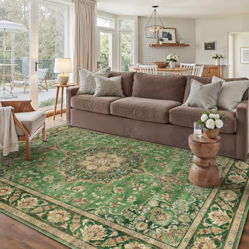 PureCozy Teppich Wohnzimmer 160x230cm Waschbarer Teppiche,Grün Gold | Weich Kurzflor Groß Carpet, Rutschfest, Leicht, Schlafzimmer, Esszimmer, Büro, Kinderzimmer