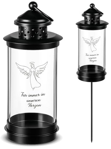 Nezyo Grablaterne mit Erdspieß Grablaterne Friedhof Wetterfest 49,5 cm | Grablampe, Laternen für Draußen, Laterne auf Stab, Grablicht mit 2 Aufkleber, Grabschmuck für Opa Oma Papa Mama, Schwarz