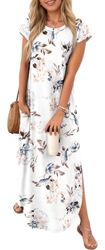 PLOKNRD Sommerkleid Damen Tasche T-Shirt Maxi Kleid Kurzarm Schlitz A Linie | Rundhalsausschnitt Strandkleider Freizeit Shirtkleid Sportliche Kleider Tunika Lang Blusenkleid MaxiKleid Loose Boho Party
