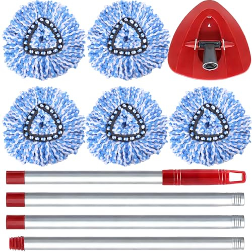 Microfibre Spin Mop Head Set, Replacement with 5 Microfiber Mop Head Refills, 1 Triangle Head Cover and 1 Sturdy Iron 76-148cm Handle