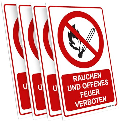 PRINTIMA 4er Set PVC Schild „RAUCHEN UND OFFENES FEUER VERBOTEN“ 21x32 cm – Verbotsschild mit Montageset – Sicherheitskennzeichnung für Betrieb, Lager, Werkstatt sowie Innen- und Außenbereiche