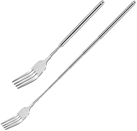 2 Pcs Stainless Steel Fork Extending Fork Extendable Fork Telescopic Long 8 to 25.2 Inch Prank Silver Retractable Extended Telescoping Dinner Fruit Dessert Cutlery Extension for Eating