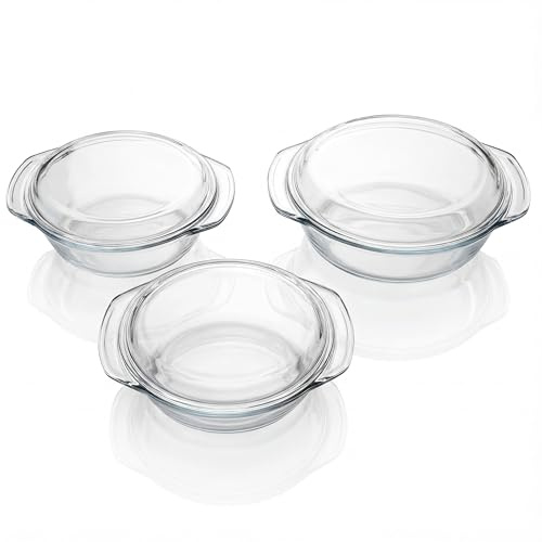 Arendo - Glas Ofenform Auflaufform rund mit Deckel und Griffen – 3er Set – Borosilikatglas – 3 Größen 1000ml 1500ml 2000ml – ofenfest – mikrowellengeeignet – nachhaltig BPA-frei - klein bis groß